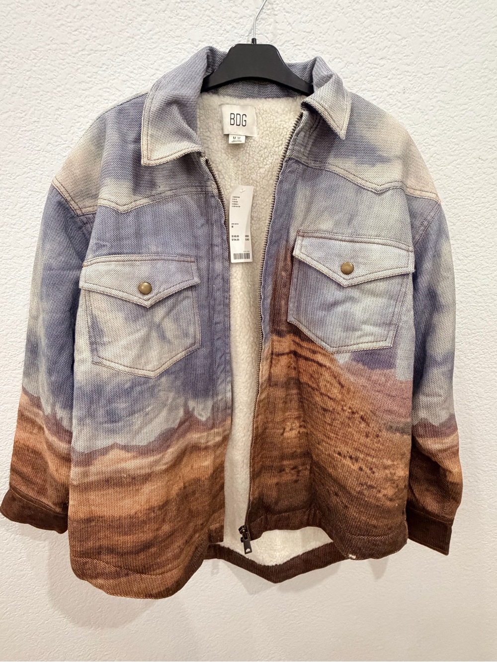 BDG Pastel Blue and Brown Tie-Dye Sherpa-Lined Bomber Jacket